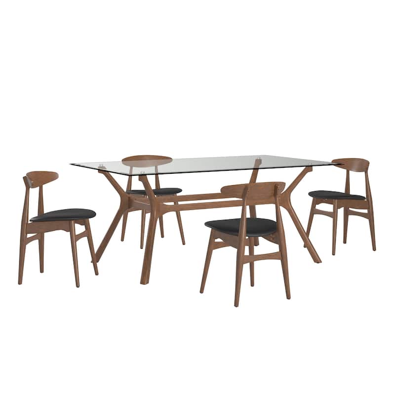 Nadine Dark Walnut Finish Glass Table Top Rectangular Dining Set - Curved Back Chairs by iNSPIRE Q Modern - 5 Piece - Black