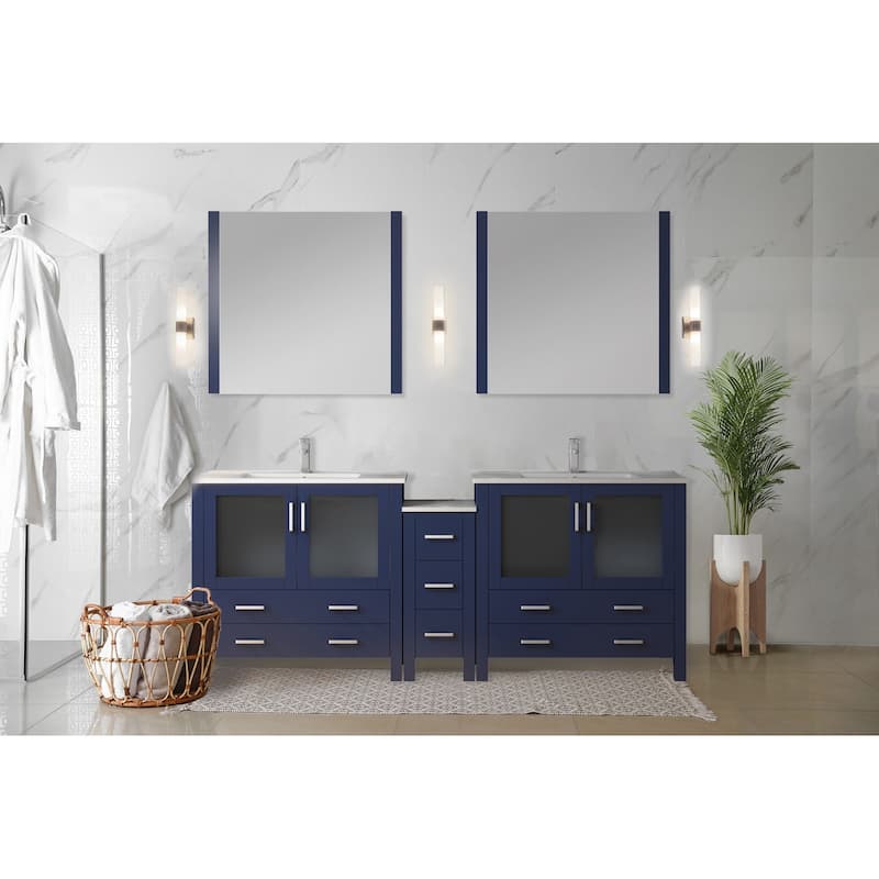 Volez Double Bath Vanity with Side Cabinet, Faucet Set, White Ceramic Top and Mirrors