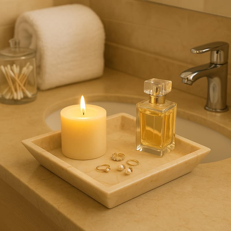 Creative Home Champagne Marble 7-7/8" x 6" Boat Shaped Candle Holder Plate with Glossy Finish