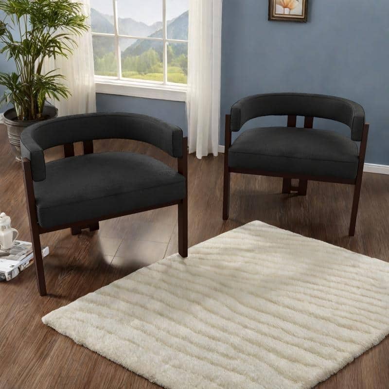 Chenille Barrel Chair with 3-Legged Open Back Accent Chair (Set of 2, 300lb Capacity) - Black