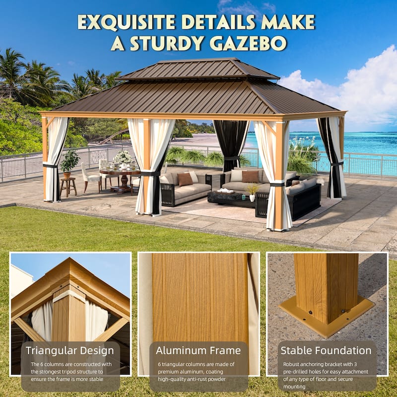 EROMMY Hardtop Gazebo W/Steel Double Roof, Anti-Rust Coating Aluminum Frame Permanent, Hard Top Gazebo for Garden Lawn Parties