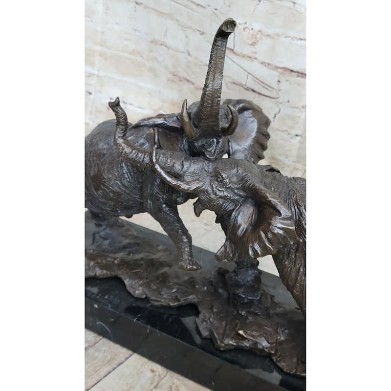 Imitative Elephants In Battle Bronze Sculpture Hot Cast Marble Base Figurine Wild Life Art