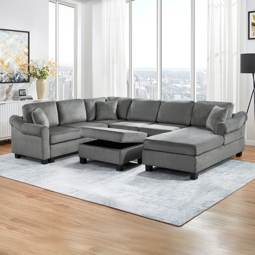 111.8" Modern Chenille Upholster U-shaped Sectional Sofa with Movable Storage Ottoman