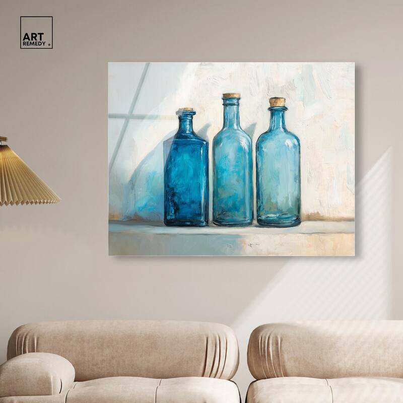 Three Blue Bottles Acrylic by Art Remedy, Ready to Hang