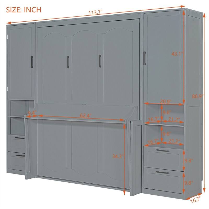 Queen Size Murphy Bed Wall Bed with 2 Wardrobes and 4 Storage Drawers, Foldable Murphy Cabinet Bed w/Open Storage Shelves& Stool