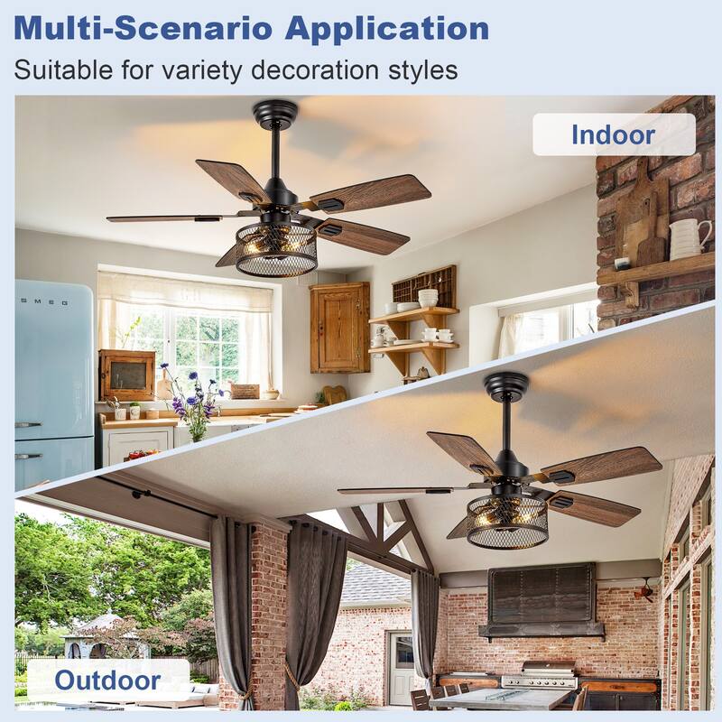 42-52Inch Caged Ceiling Fans with Lights: Dual Finish 5 Blades - Rustic with Remote Control (E26 Bulb Included)