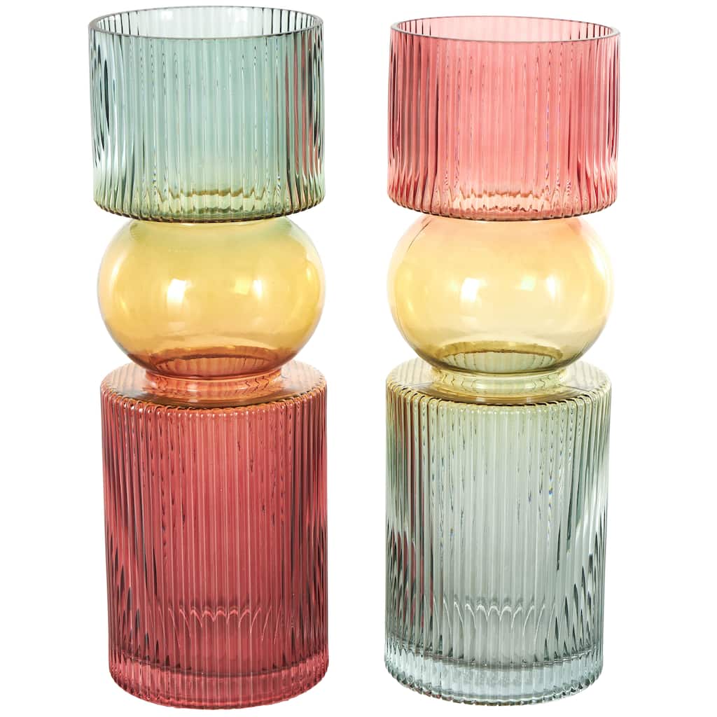 Glass Ribbed Vase with Color Blocks - Set of 2 Multi Colored - Roche River Decor
