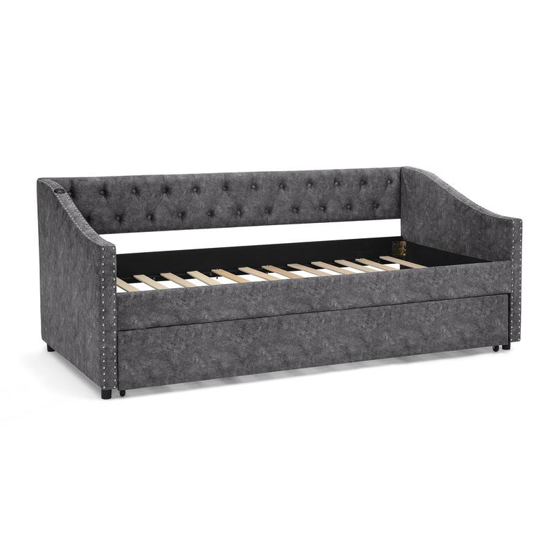 Twin Size Daybed with Pull Out Bed Trundle, Upholstered Button-Tufted Backrest Sofa Bed with Nailhead Trim & USB Charging Ports