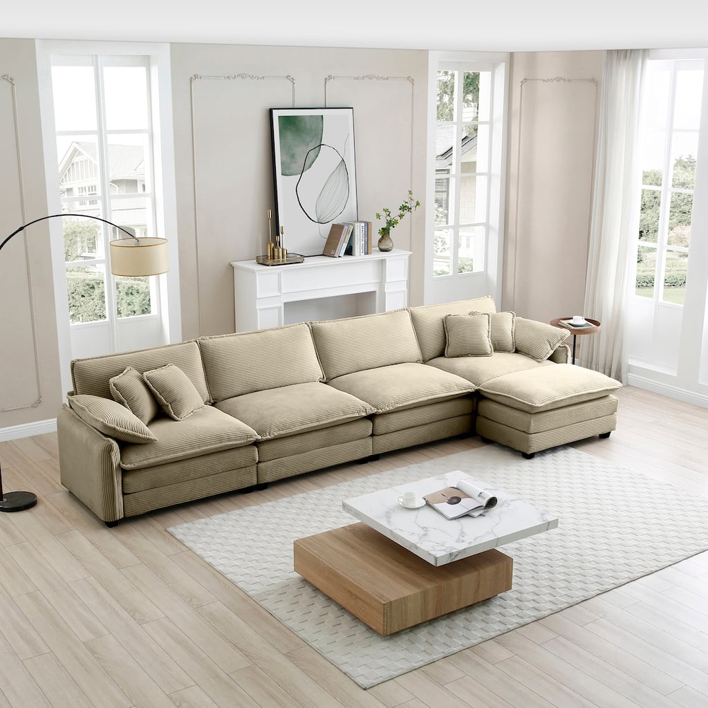 Tan 5-piece Corduroy L-Shaped Modular Sectional Sofa with Ottoman
