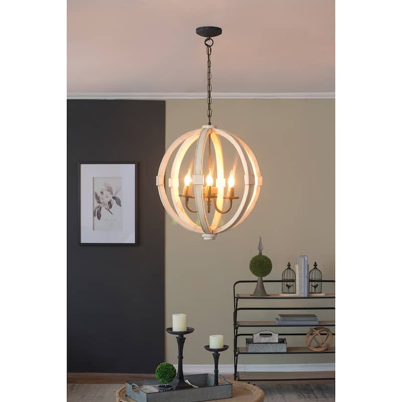 6 - Light Wood Chandelier, Hanging Light Fixture with Adjustable Chain for Kitchen Dining Room Foyer Entryway, Bulb Not Included