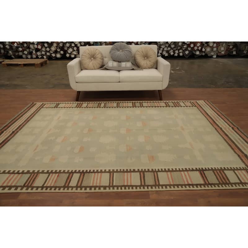 Hand Woven Oriental 100% Wool Carpet Southwestern Tribal Green Kilim Area Rug - 9' 9'' X 6' 8''
