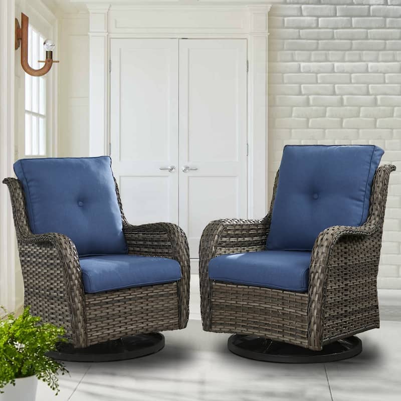 Pocassy Outdoor Wicker Glider Swivel Club Chairs (Set of 2) - Grey/Blue