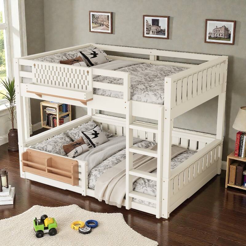 Queen over Queen Bunk Bed with Ladder, Guardrails, Pegboard Storage & Built-In Bookshelf, Solid Wood Frame