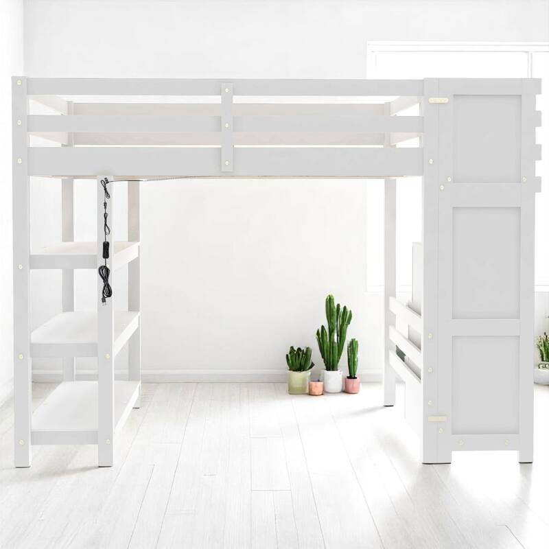 Twin/Full Size White Loft Bed with Storage Shelves, Staircase, Wardrobe & LED Light - Pine Wood Frame