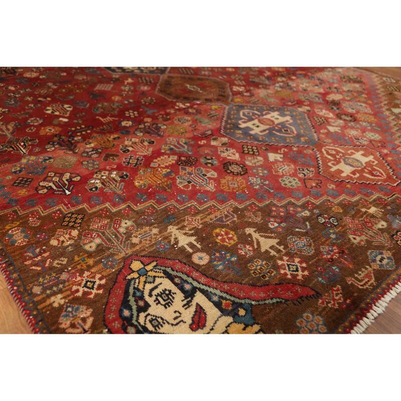 Hand Knotted Oriental 100% Wool Carpet Traditional Tribal Red Shiraz Area Rug - 8' 10'' X 5' 10''