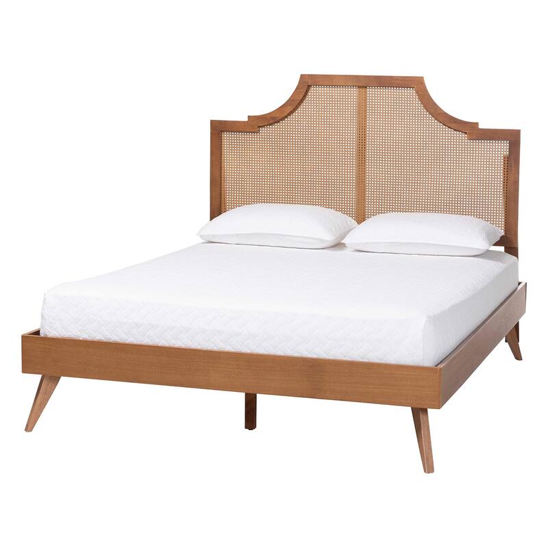 Rodolfo Platform Bed - Mid-Century Modern Bed with Woven Rattan Headboard