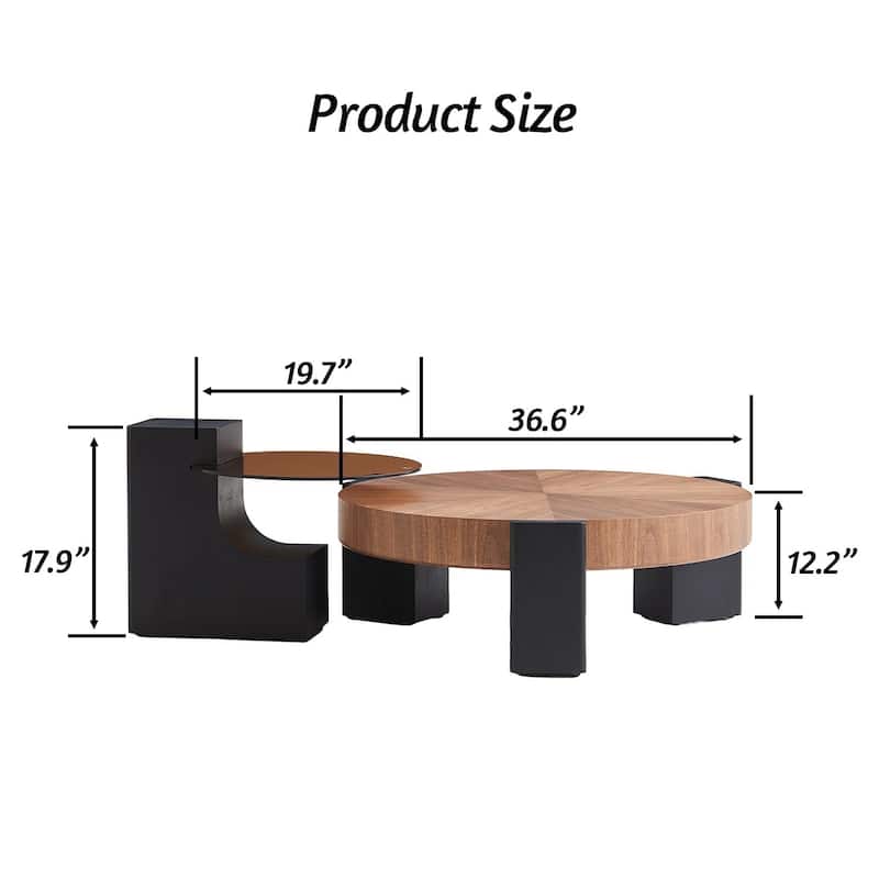 Modern 2-Tier Round Coffee Table Set with Walnut Finish & Black Accents