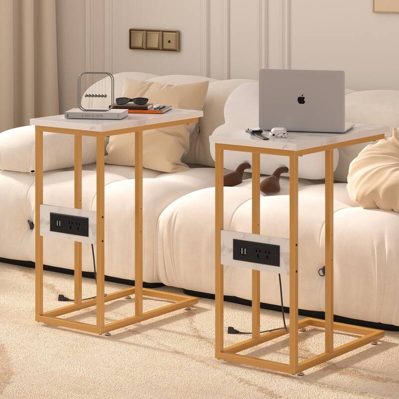 Javlergo C Shaped End Table Set of 2, Small Side Tables with USB Ports and Outlets for Small Spaces - Gold