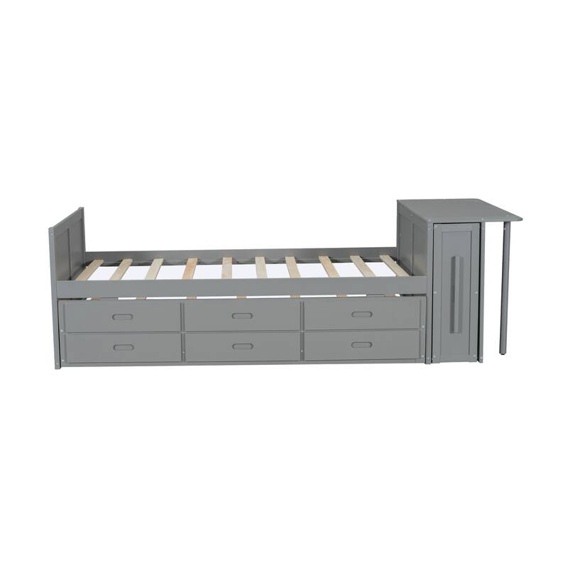 Twin Size Wood Platform Bed with Desk, Storage Shelf, Trundle, and 3 Drawers, Gray