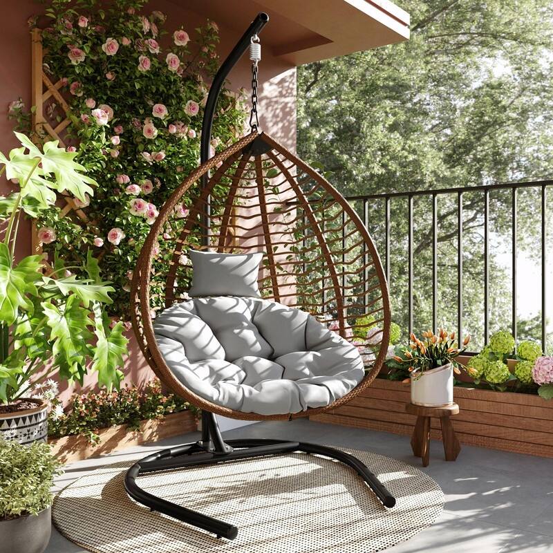 Indoor Outdoor Hanging Hammock Chair with Stand, Foldable Rattan Egg Swing Chair with Cushion & Headrest - Brown+Gray