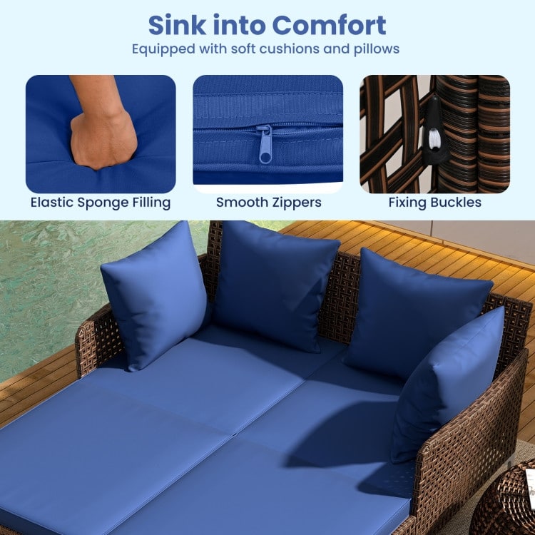 Mix Brown Rattan Day Bed with Cushions Outdoor Lounger - 60" x 52.5" x 27.5"