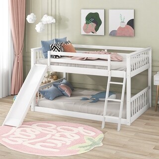 Full over Full Low Bunk Bed with Convertible Slide and Reversible Ladder, White - Space-Saving and Sturdy Wood Frame
