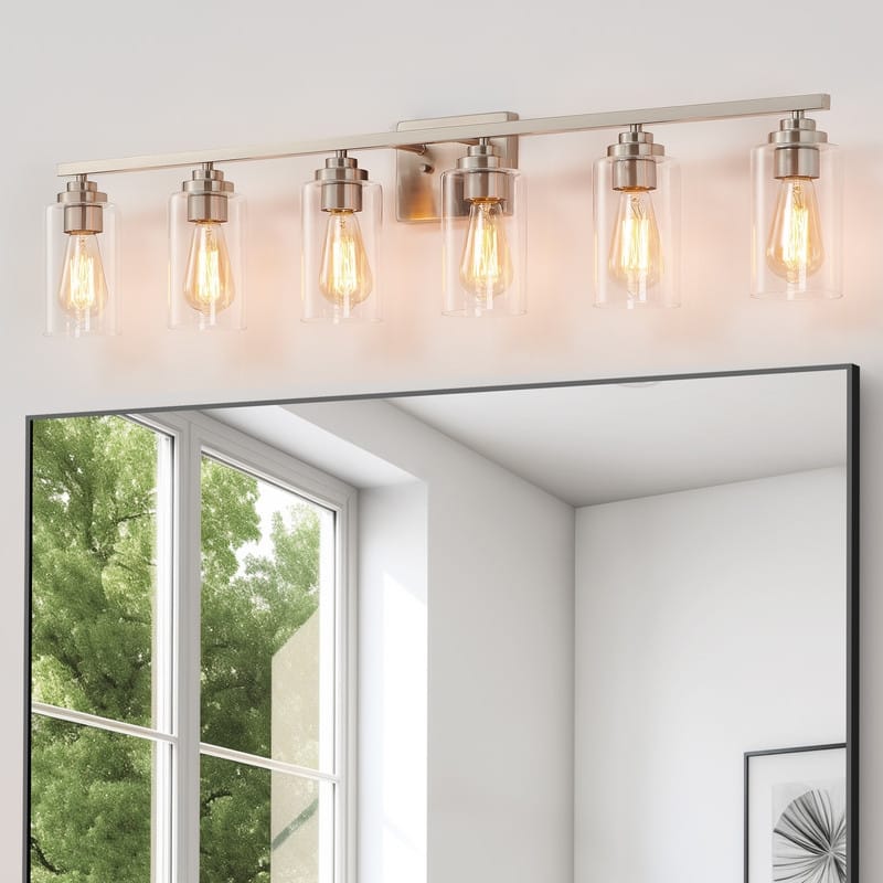 KAWOTI 6-Light Bathroom Vanity Light with Clear Glass Shade - Brushed Nickel