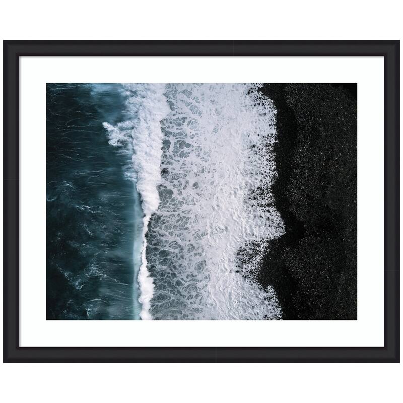 Kate and Laurel Framed Art Ocean Waves on the Black Beach in Iceland by Michael Schauer - 43x35 - Black