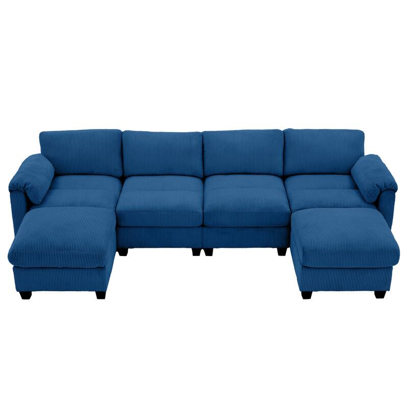 Corduroy Sectional Sofas with 2 Removable Ottomans, U-shaped Symmetrical 6-Seat Modular Couch - Navy - Symmetrical