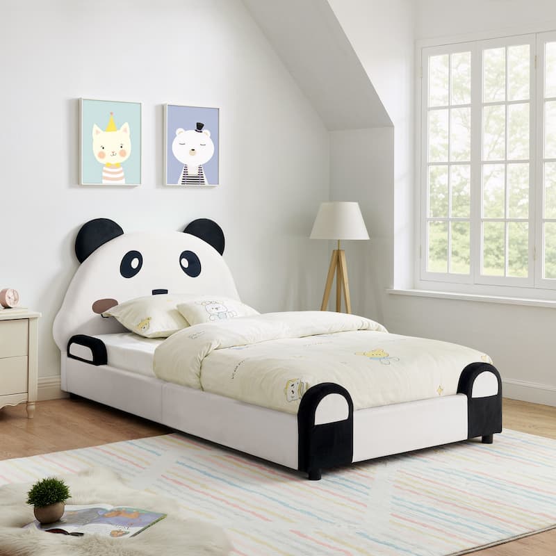 Twin Panda-Shaped Kids Bed with Soft Padded Safety Edges - Solid Wood Toddler Bed Frame in Velvet Fabric