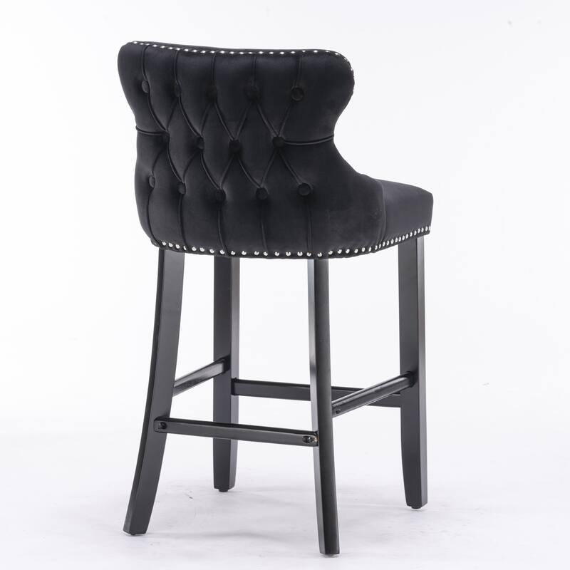 Furniture Black Velvet Wingback Bar Stools Set of 2, Button Tufted with Wood Legs & Chrome Nailhead Trim