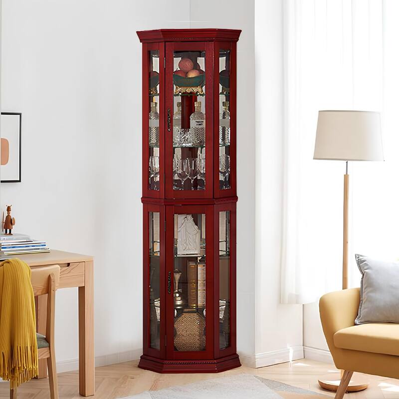 Roomfitters Wooden Corner Display Curio Cabinet, Lighted China Cabinet with Tempered Glass Door