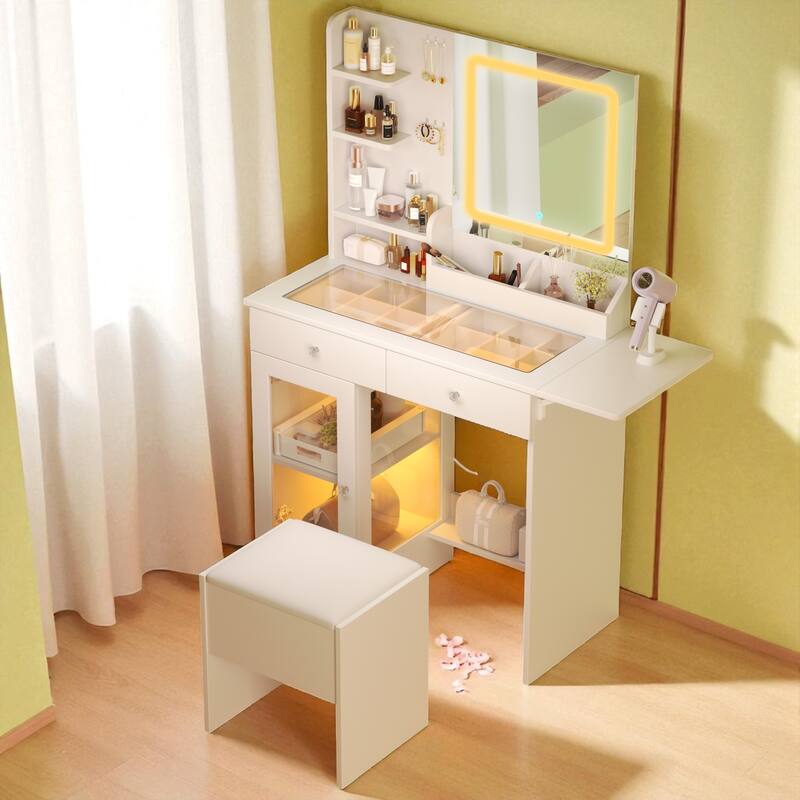 Small Vanity Desk with Glass Top, LED Mirror, USB Charging Ports, Storage Stool, Drawers and Cabinet - White