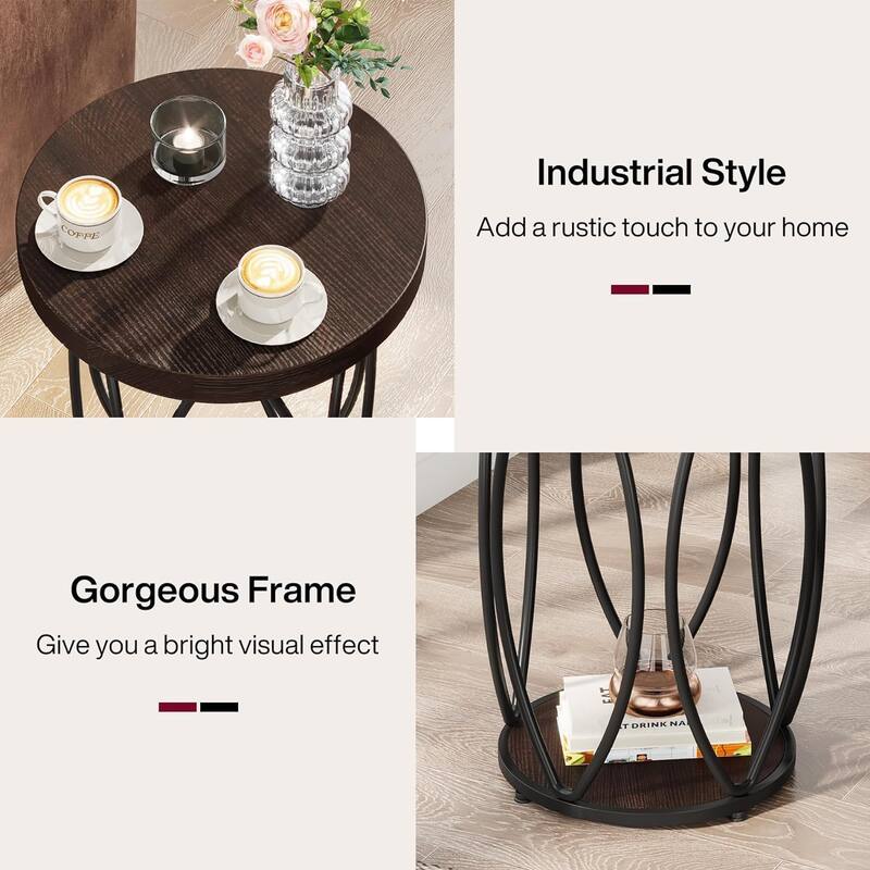 Industrial Round Side Table, Small End Table with Metal Frame