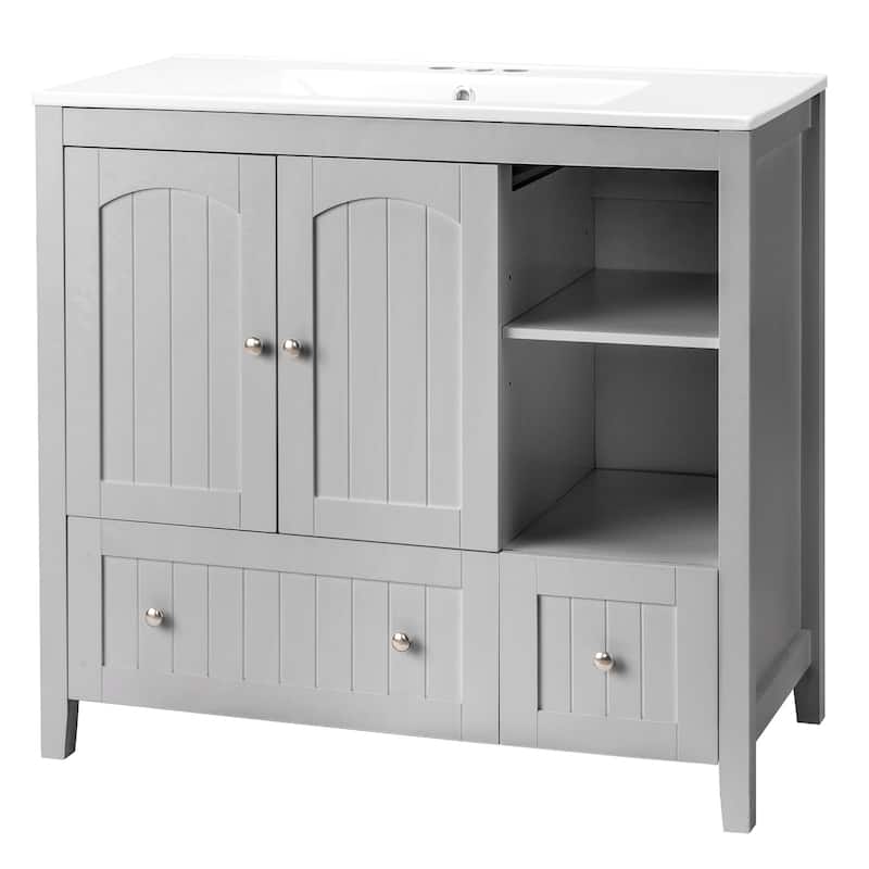 Modern Lacquered Bathroom Organizer Cabinet with Two Drawers and Dual Doors for Storage - 35.82”(H) x 18.11(W) x 32.28 (D)