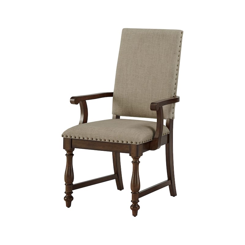 Tom 26 Inch Dining Armchair, Beige Polyester, Nailheads, Brown Solid Wood