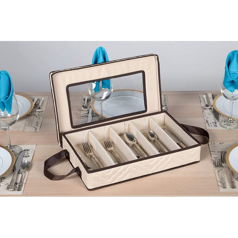 Flatware,Cutlery Utensil Storage Case Durable 5 Compartment Container - Brown