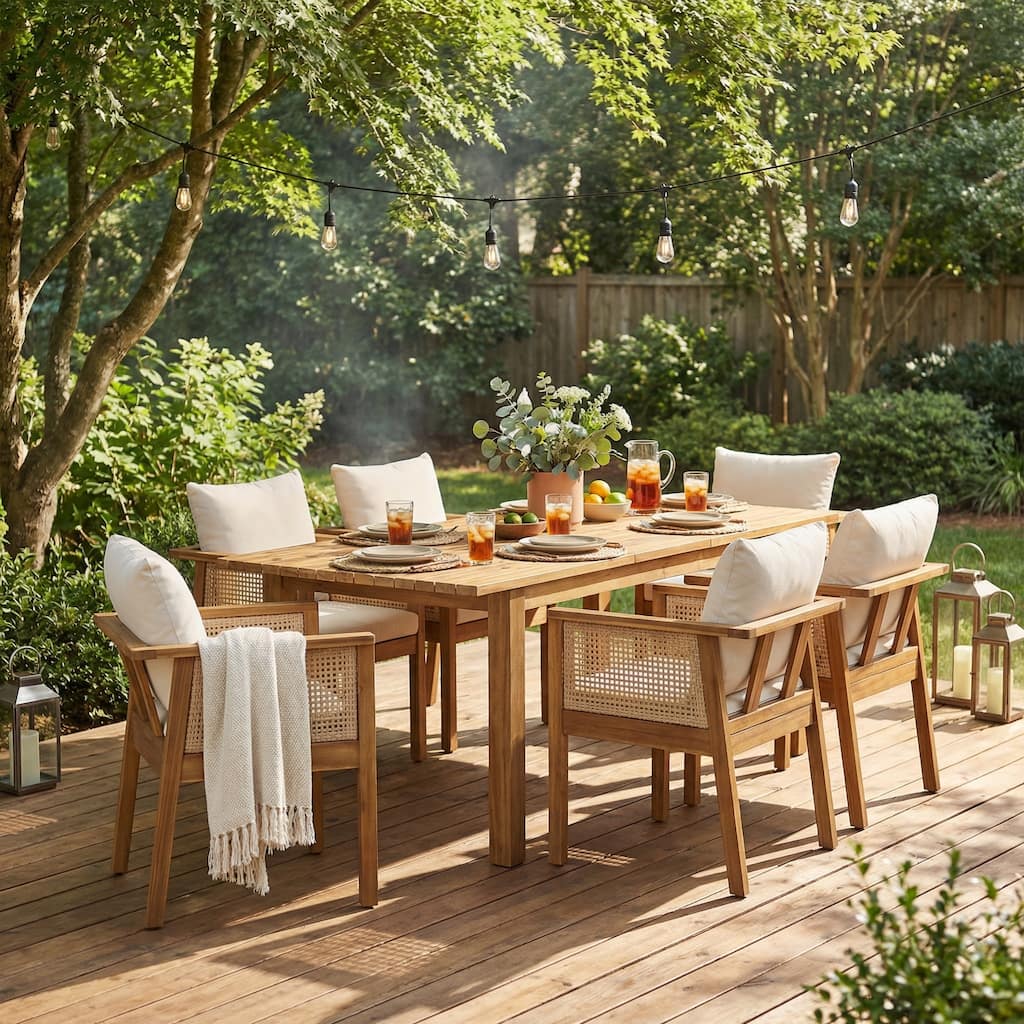 Christopher Knight Home - 7-Piece Outdoor Acacia Wood Dining Set with Wicker Chairs, Expandable Table & Washable Cushions