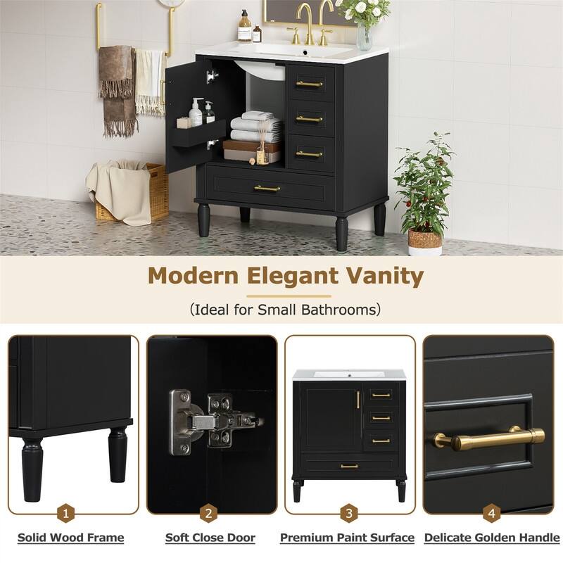 Traditional 30" Bathroom Vanity with Ceramic Sink, Freestanding Bathroom Vanity Cabinet with 3 Drawers and 1 Soft Close Door