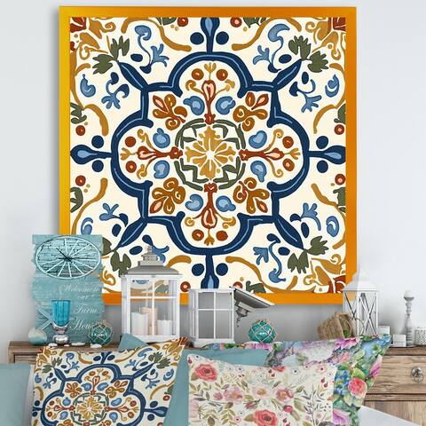 Designart "Mediterranean Tiles In Retro Blue IV" Abstract Tile Framed Art Print