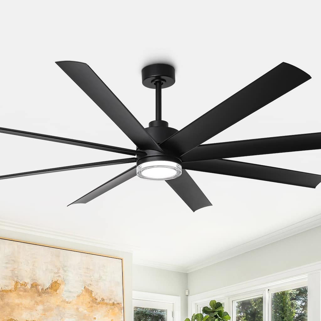 72" Modern Black Large Smart Ceiling Fan with Light and Remote, App Control, Voice Control