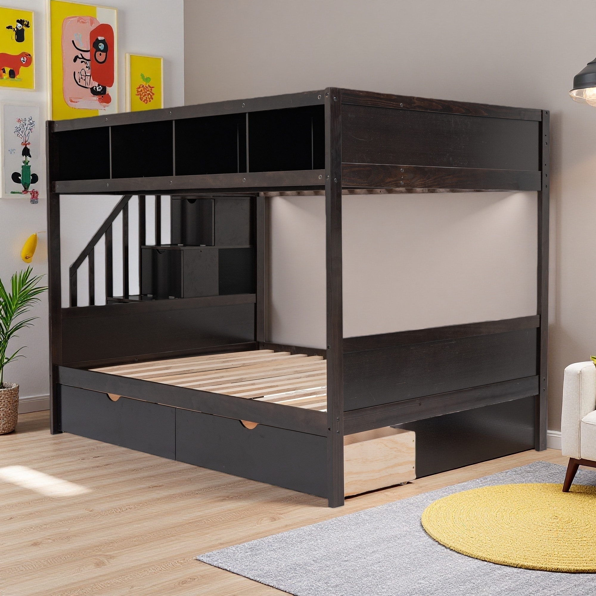 Twin Over Full Solid Wood Bunk Bed with Storage Staircase, 2 Drawers and Shelf