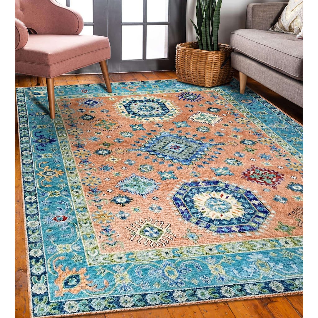 Handknotted Wool RUST / S.BLUE Traditional Classic Kazak Collection Rug