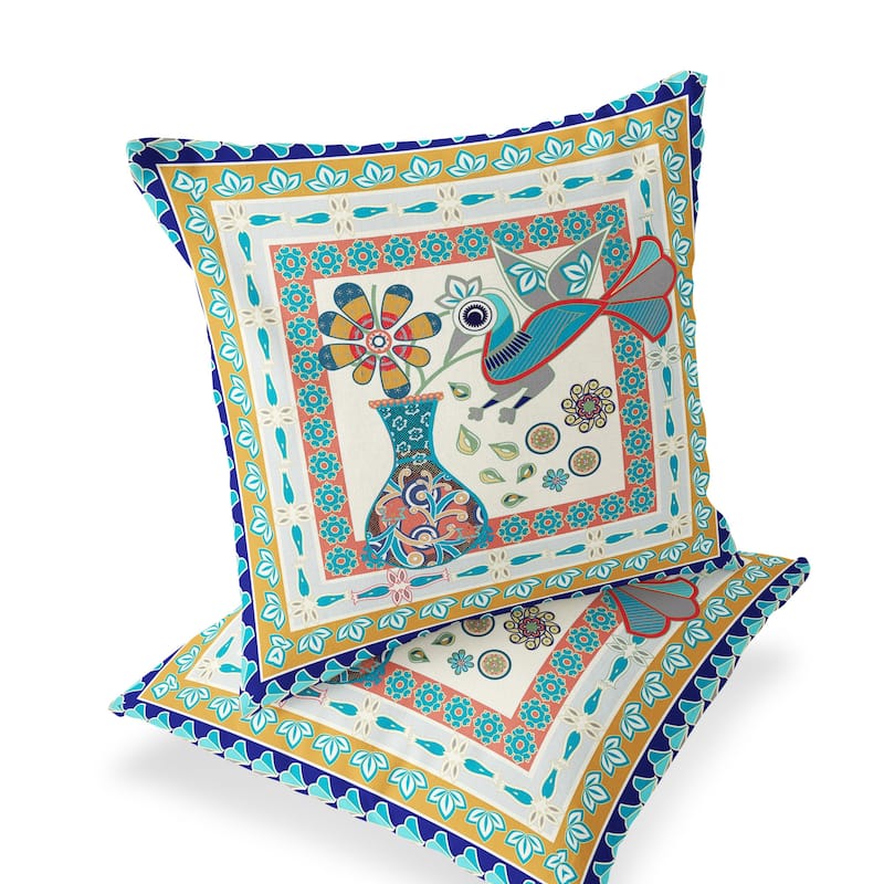 HomeRoots Set of Two 16" X 16" Blue and Gold Peacock Blown Seam Floral Indoor Outdoor Throw Pillow - 16.00' X '16.00' X '5.00
