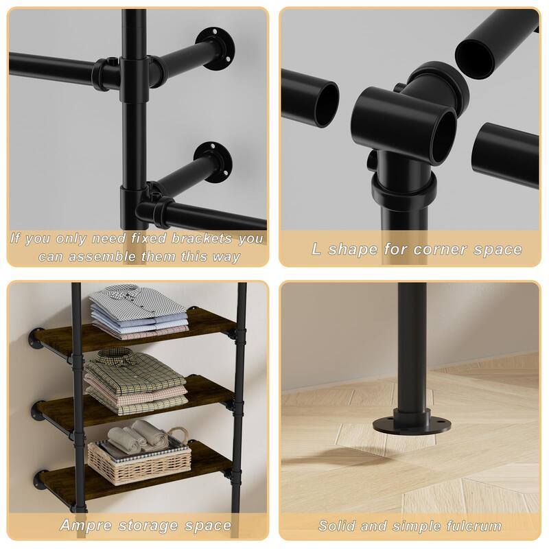 Industrial Pipe Clothing Racks, Heavy Duty Garment Rack Closet Wardrobe Rack with Shelves, Closet Clothes Rack