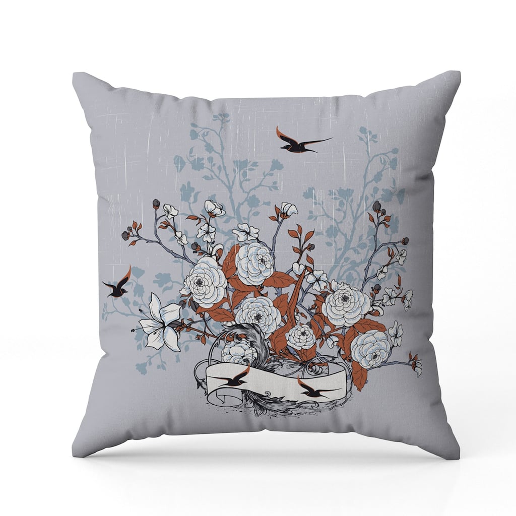 Elegant Floral Bouquet Indoor/Outdoor Reversible Throw Pillow Gray and Orange