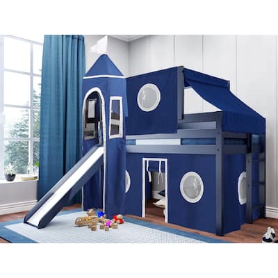 JACKPOT Prince & Princess Low Loft Twin Bed, Ladder Slide Tent & Tower