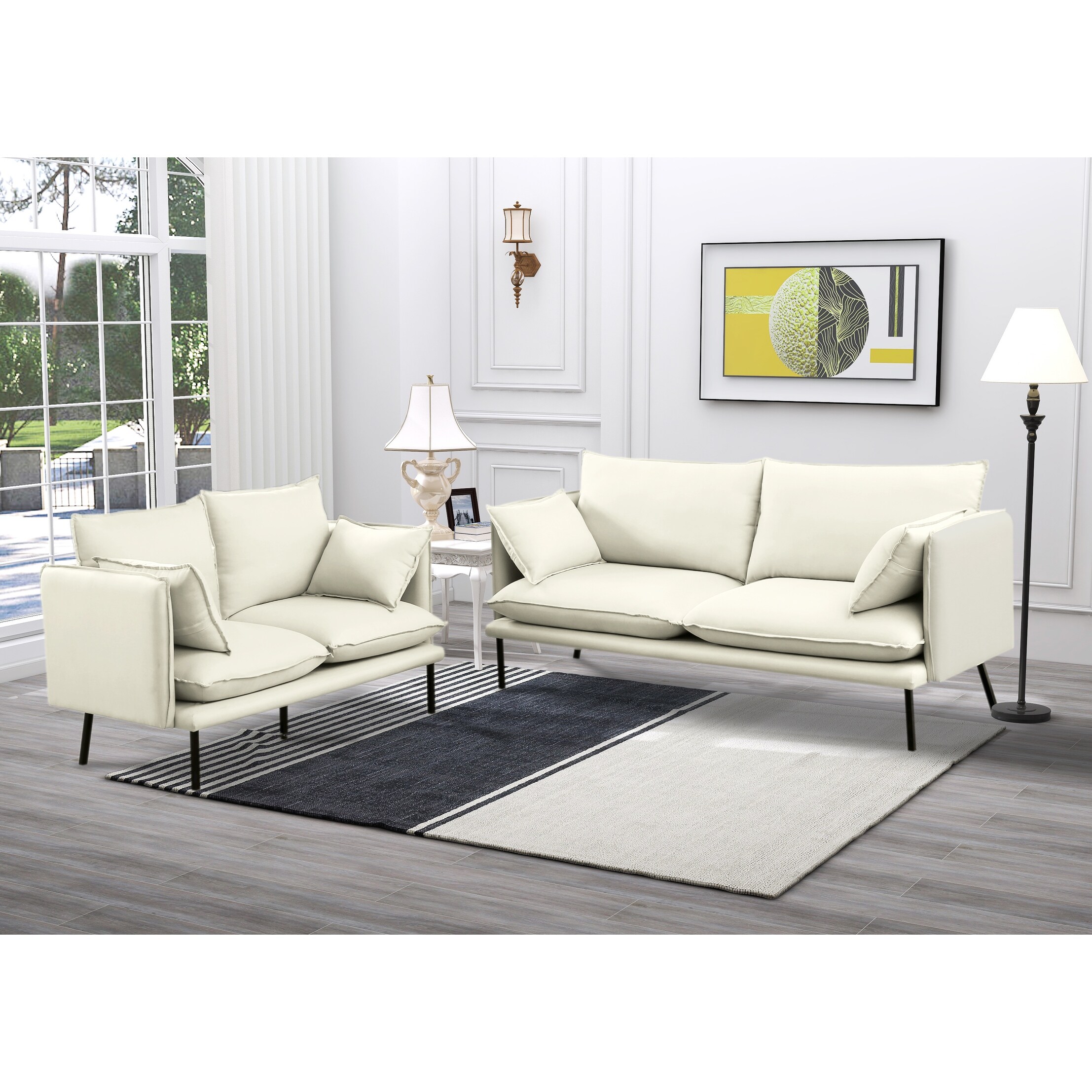 Upholstered Contemporary Sofa Lovesat with 2 pillows and Metal