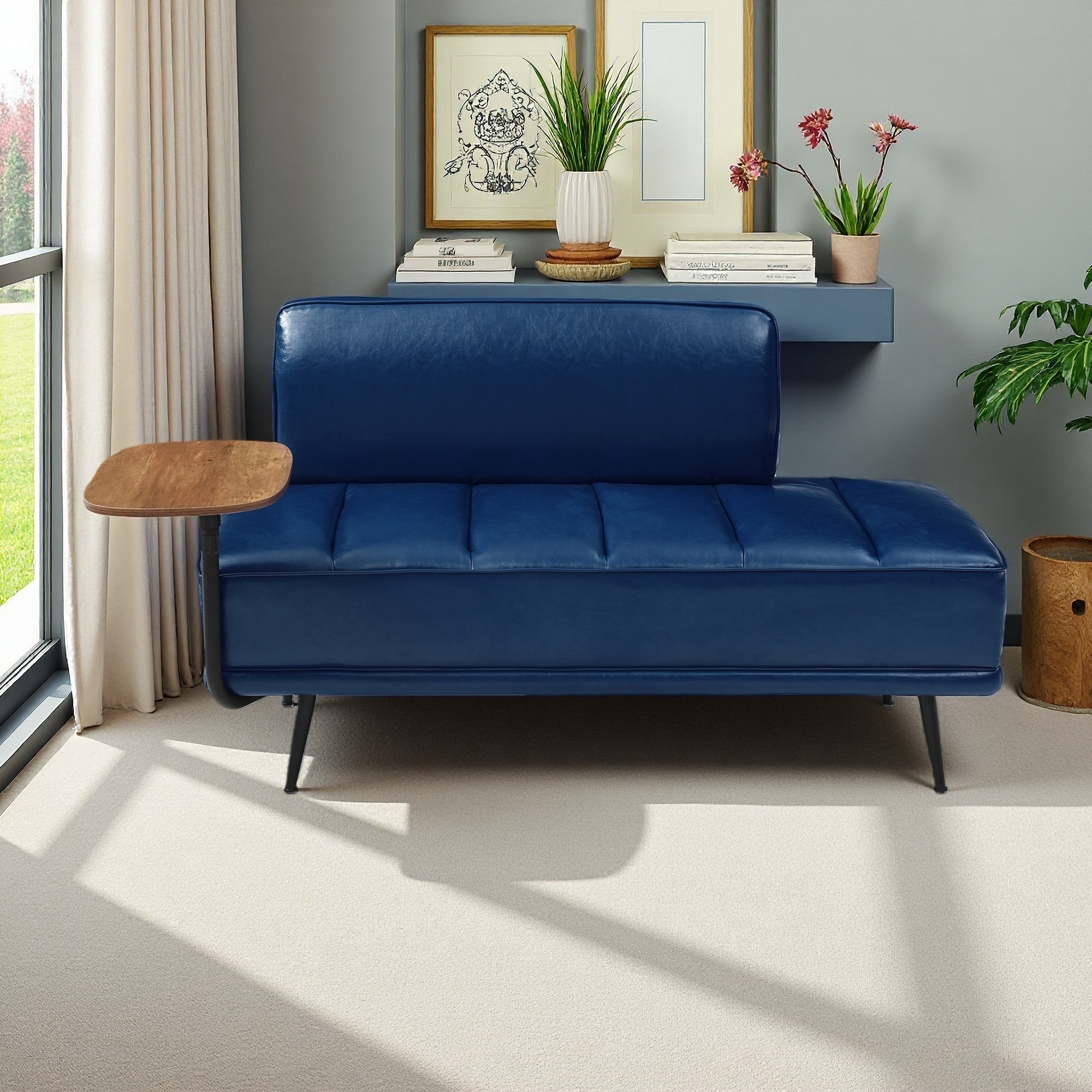 55"L End of Bed Bench Faux Leather Upholstered with Side Table, Swivel Tray Couch, Entryway Ottoman Window Bench with Metal Legs