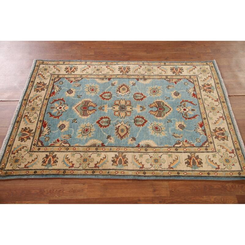 Light Blue Kazak Oriental Accent Rug Handmade Wool Carpet - 3'3"x 4'9"